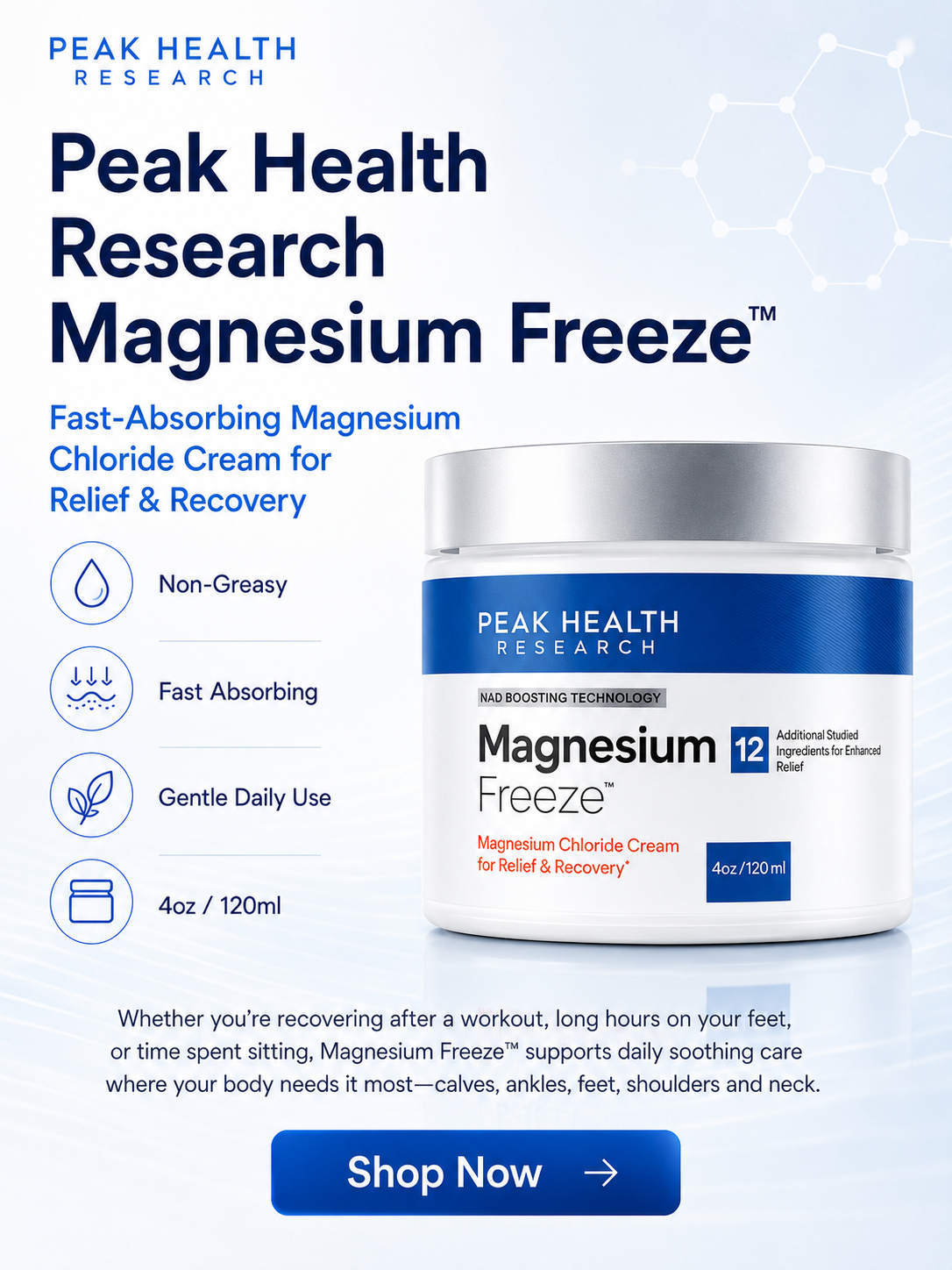Magnesium Freeze 4oz/120ml Chloride Topical Cream - Non-Greasy Fast Absorbing for Muscle Relief, Leg Swelling Reduction & Daily Skin Care
