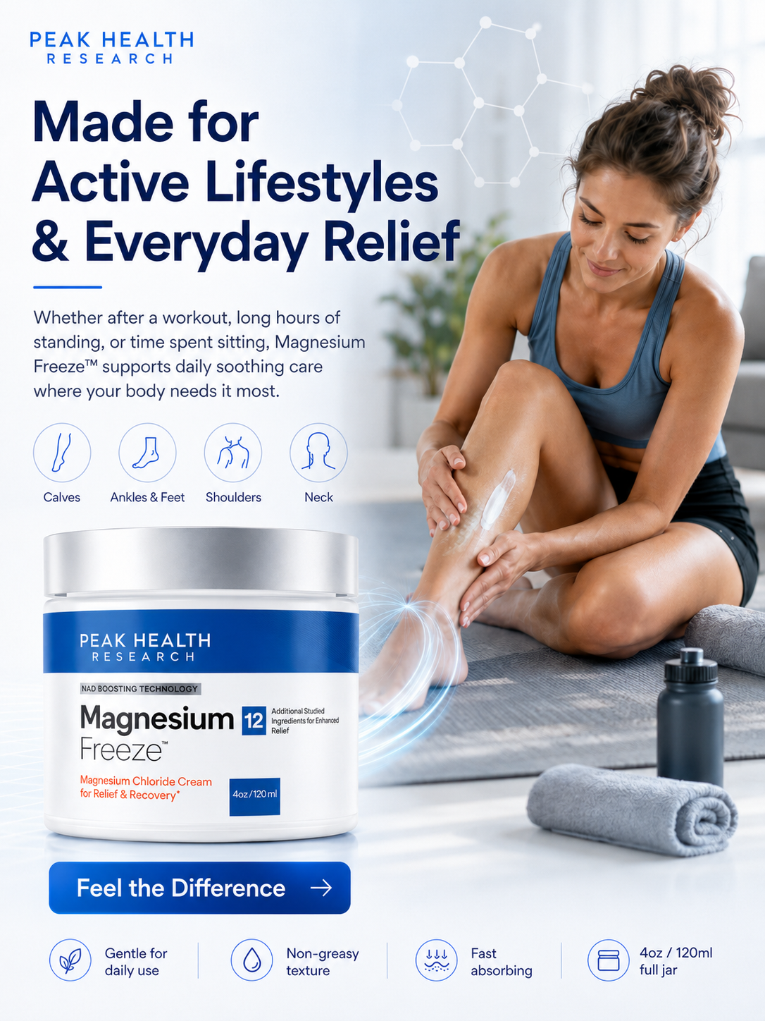 Magnesium Freeze 4oz/120ml Chloride Topical Cream - Non-Greasy Fast Absorbing for Muscle Relief, Leg Swelling Reduction & Daily Skin Care