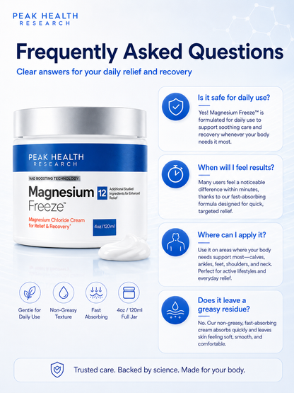 Magnesium Freeze 4oz/120ml Chloride Topical Cream - Non-Greasy Fast Absorbing for Muscle Relief, Leg Swelling Reduction & Daily Skin Care
