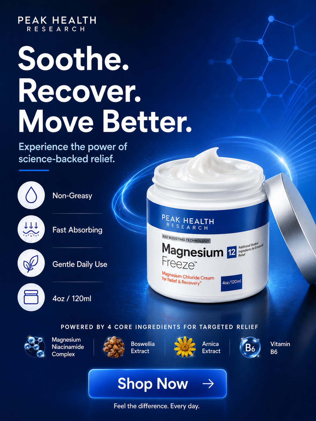 Magnesium Freeze 4oz/120ml Chloride Topical Cream - Non-Greasy Fast Absorbing for Muscle Relief, Leg Swelling Reduction & Daily Skin Care